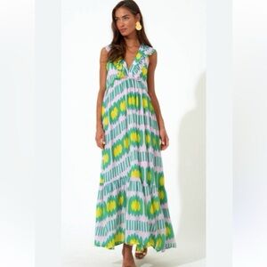 Oliphant V-Neck Maxi Dress Ikat Green, Yellow and Lilac Print Boho Women’s Small